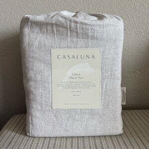 NWT California King 100% Linen Sheet Set Dark Gray Micro Stripe - Casaluna